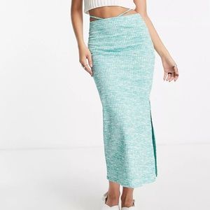 Topshop space dye tie waist jersey midi skirt in green and white - size 12